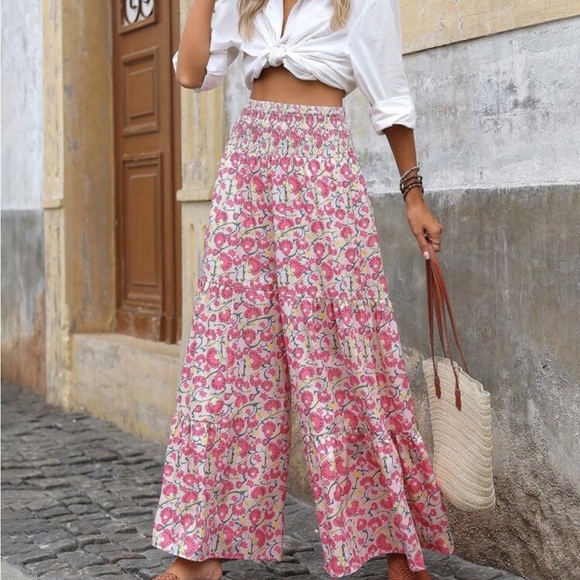 Boho Floral Print High Waist Smocked Wide Leg Palazzo Pants - Picture 3 of 4